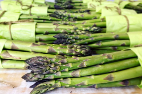 Two rows of bundled asparagus, heads pointing in the middle. Each wrapped with paper and twine