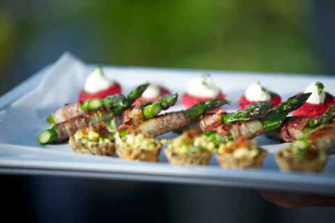 Multiple asparagus each wrapped in bacon on a white serving plate