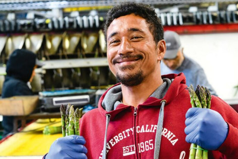 Man holding a bundle of asparagus in each hand