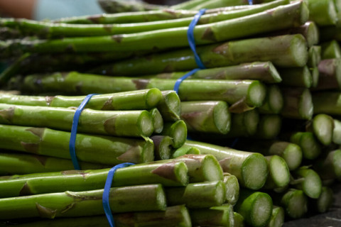 Close shot of the root ends of asparagus bundles