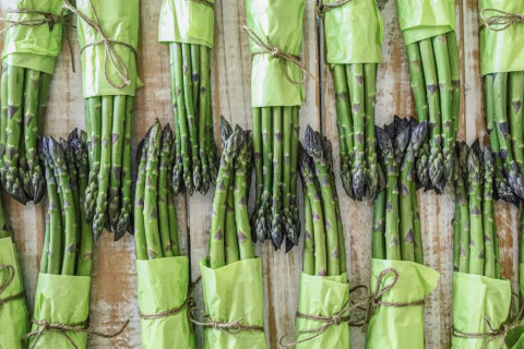 Two rows of bundled asparagus, each wrapped in paper and tied with twine